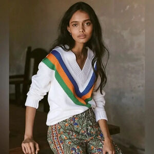 Tory Burch Colorful Striped Merino Wool V Neck Colorful Sweater- XXS